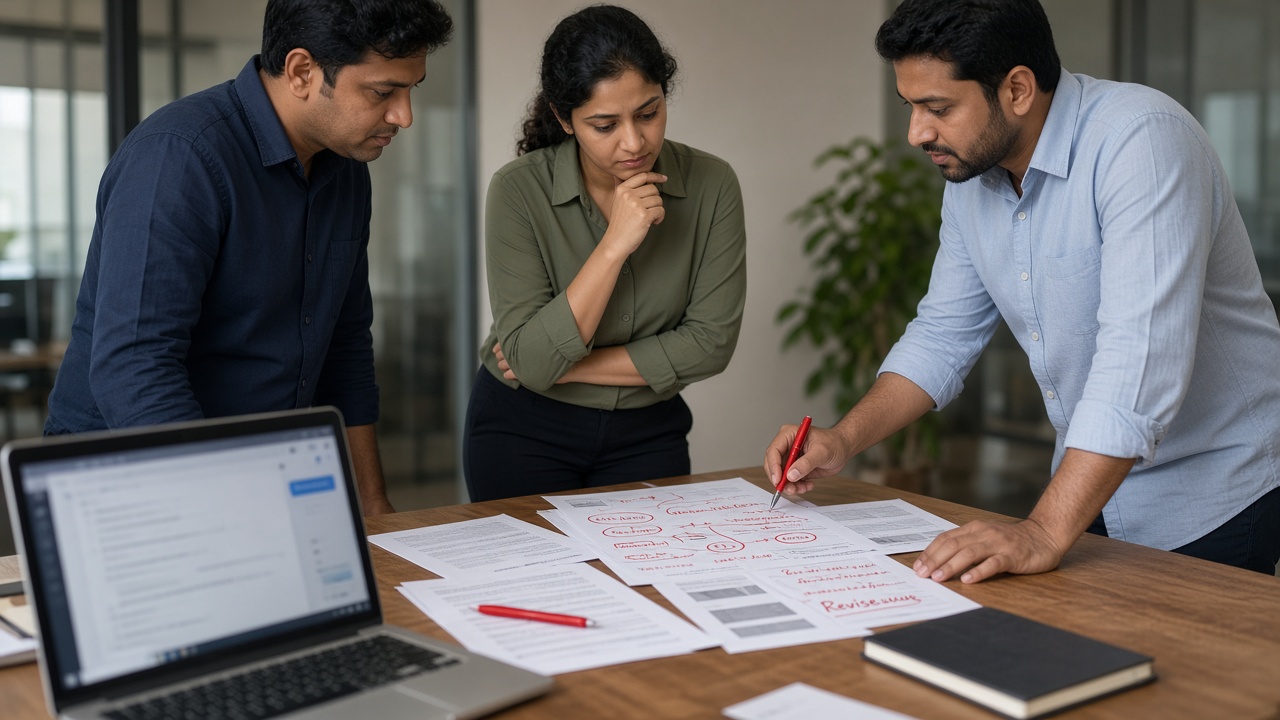Team reviewing AI output on paper and screen